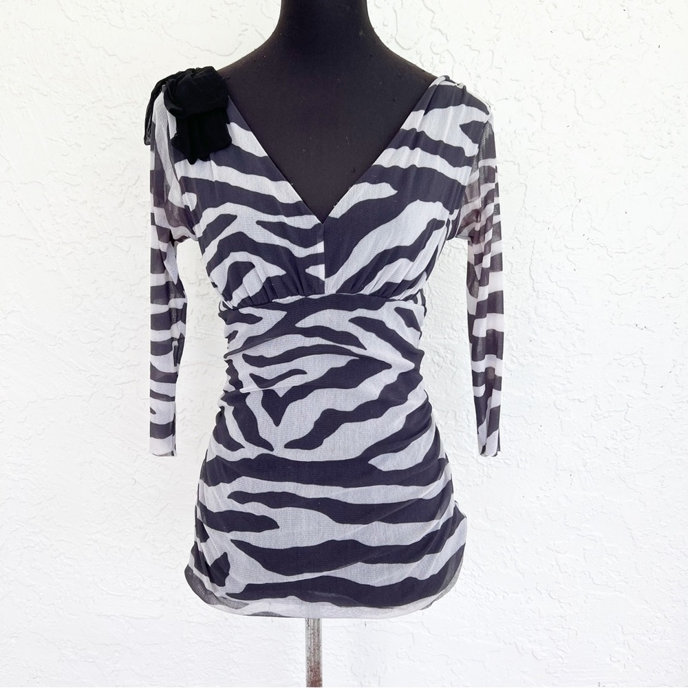 Vintage Weston Wear Y2K Nylon Zebra Stretch 3/4 Sleeve Top